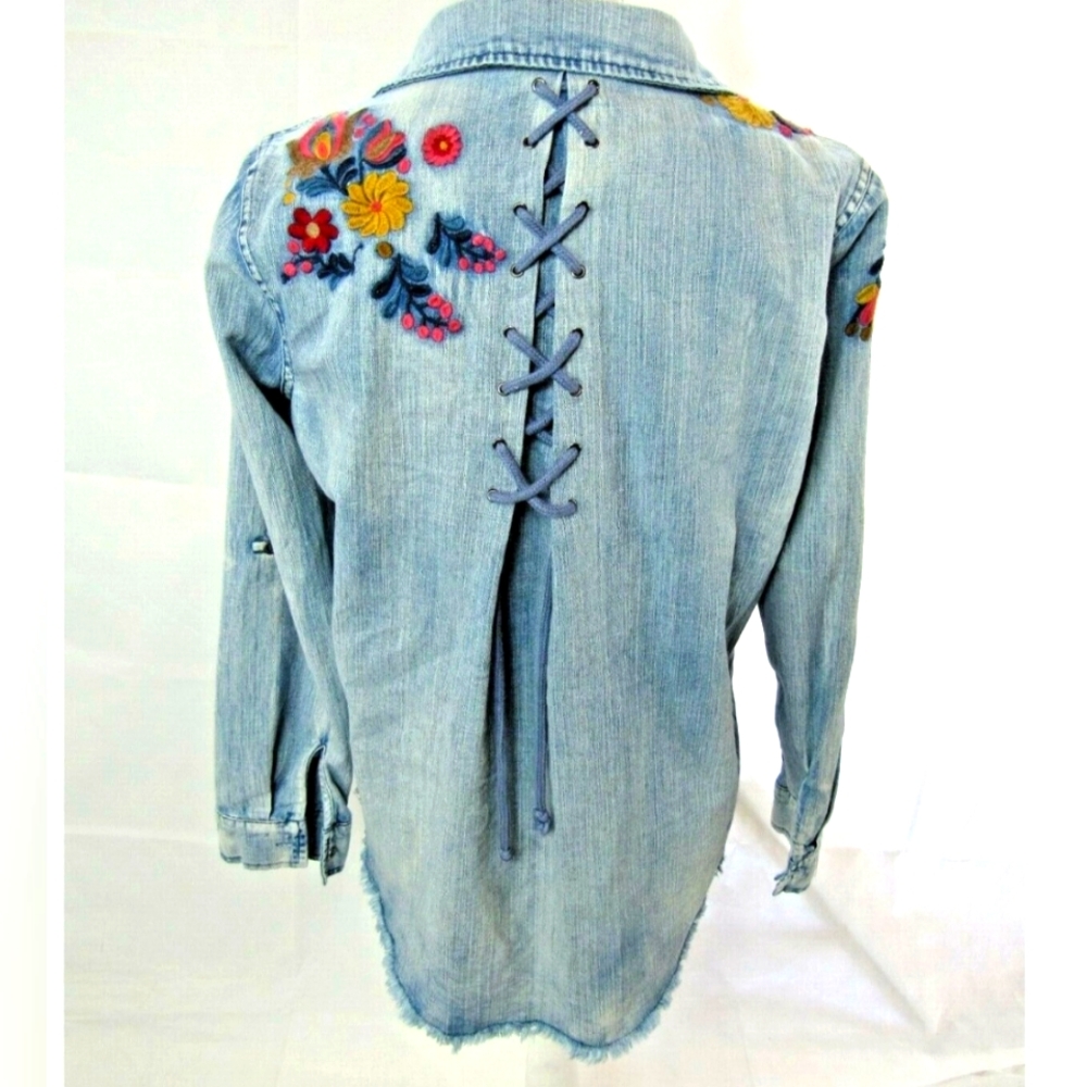 Billy T Floral Embroidered blue denim shirt